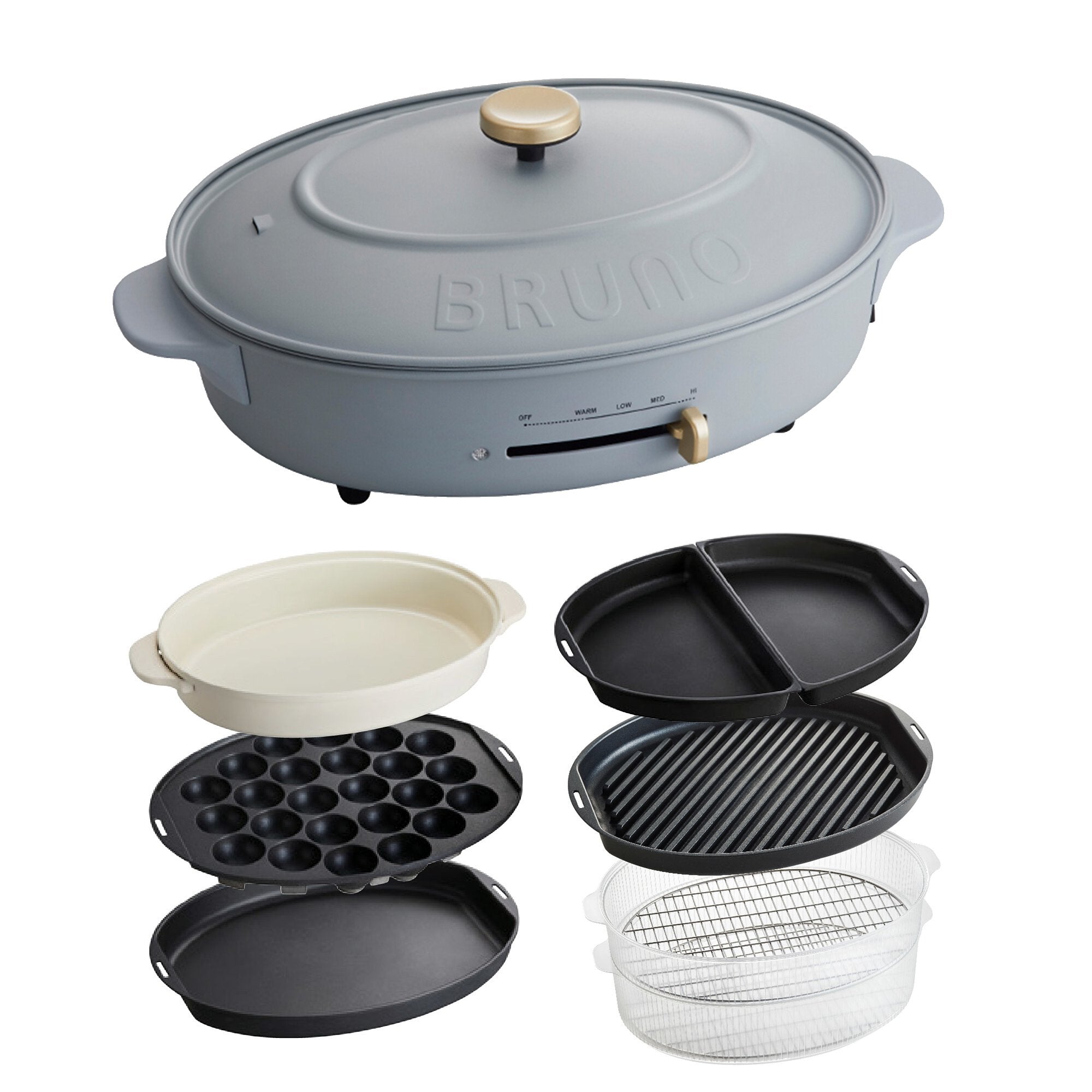 6烤盤套裝！BRUNO 多功能橢圓電熱鍋 Oval Hot Plate - 藍灰色